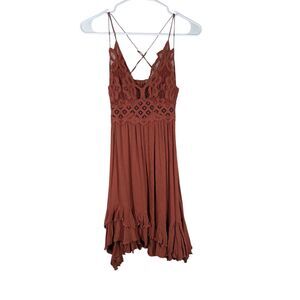 Free People Womens Orange Adella Mini Dress Sz XS Boho Feminine Cute